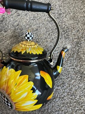 Mackenzie Childs Sunflower! Hand-Painted Sunflower Teapot with Checker Knob. New